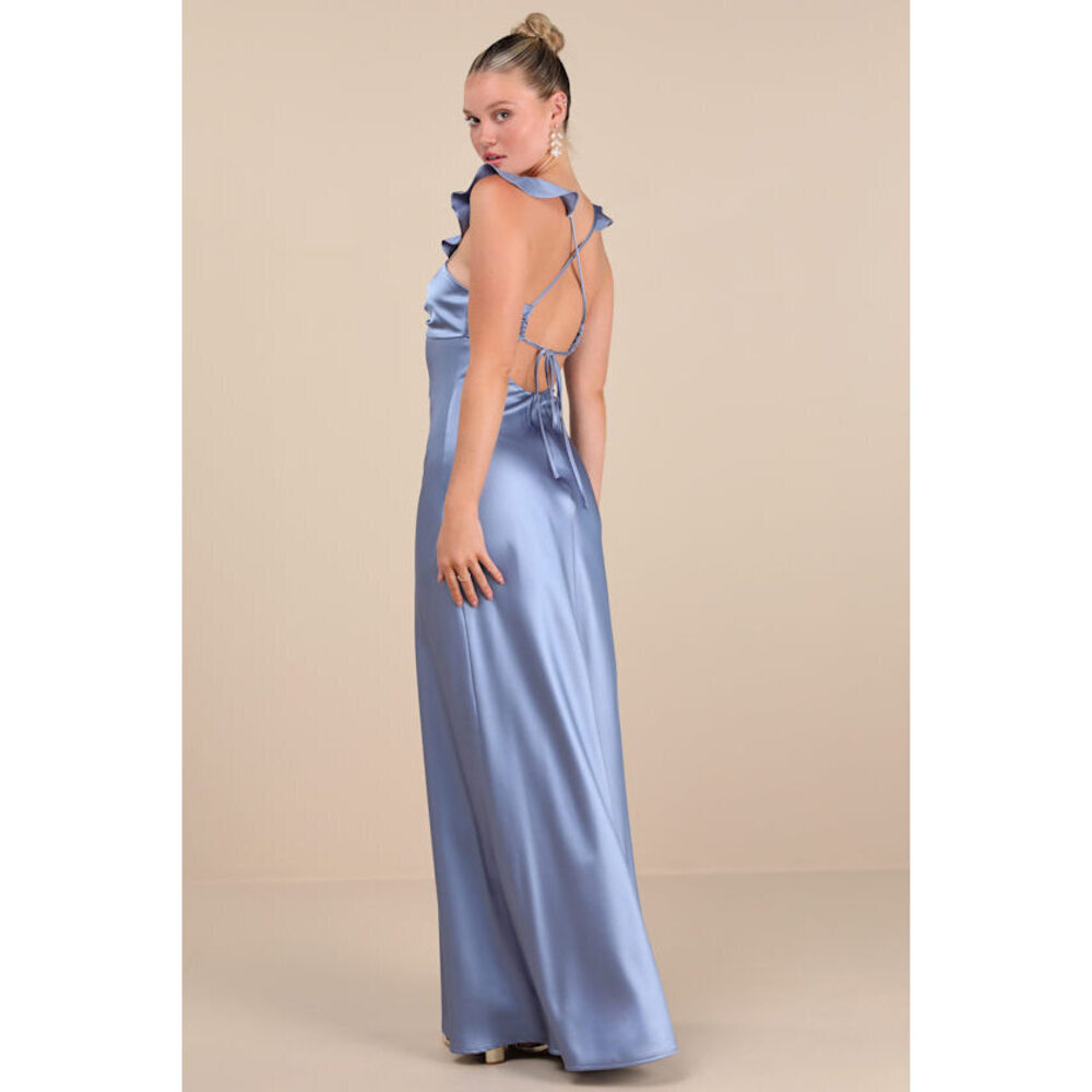 Lulus Exuberant Luxury Periwinkle Satin Ruffled Lace-up Maxi Dress Blue